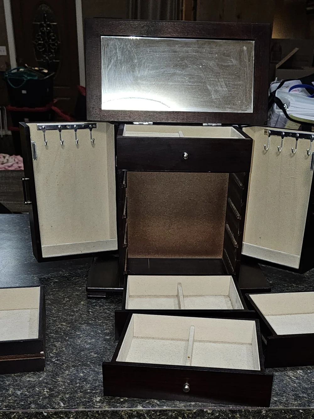 Antique Wood Jewelry Organizer Chest in Med Brown Finish
